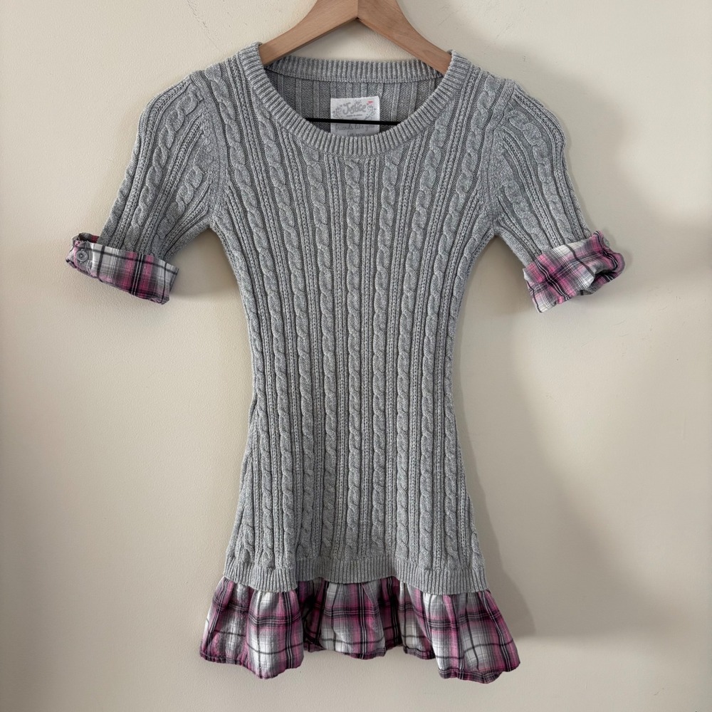 Justice Girls Gray Cable Knit Sweater Plaid Trim Short Sleeve Top Size 12 XS